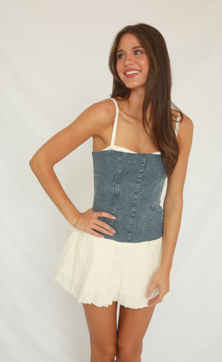 show me your mumu: tiffany skort dress - denim with cream voile