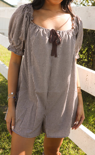 check please puff sleeve gingham romper - brown