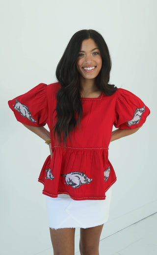 arkansas razorbacks peplum sequins top