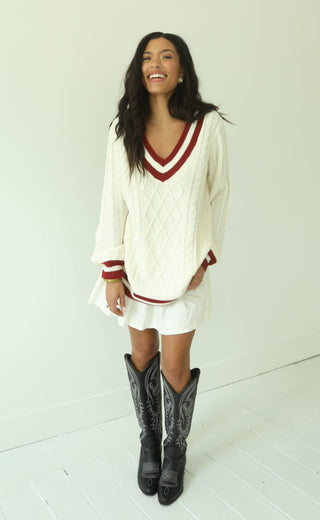 show me your mumu: tailgate sweater dress - cranberry cable knit