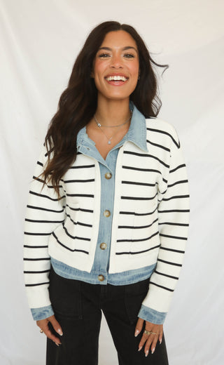 keep me honest knit and denim cardigan