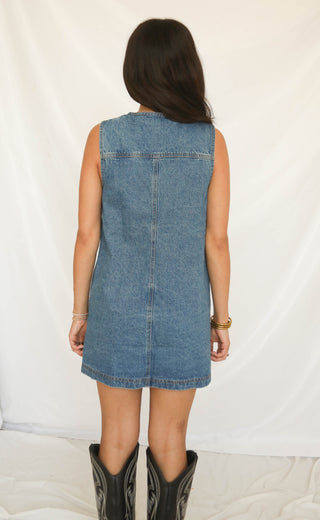 love me for right now denim mini dress