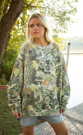 friday + saturday: keep moving forward camo sweatshirt