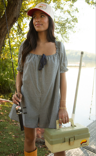 check please puff sleeve gingham romper - navy