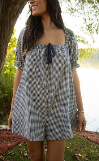 check please puff sleeve gingham romper - navy
