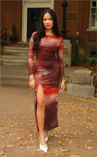 golden sunset mesh maxi dress