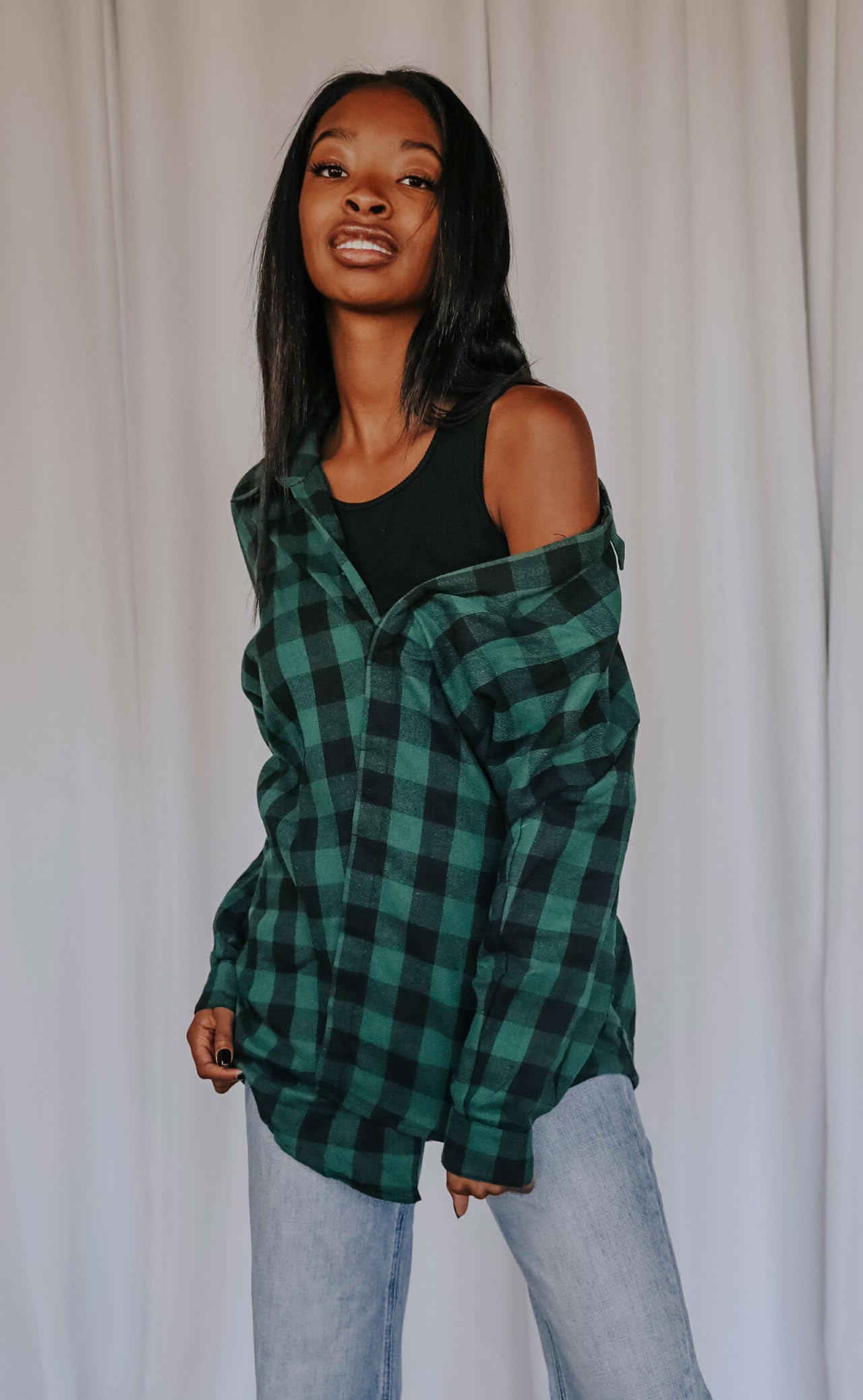 Green check shirt store outfit