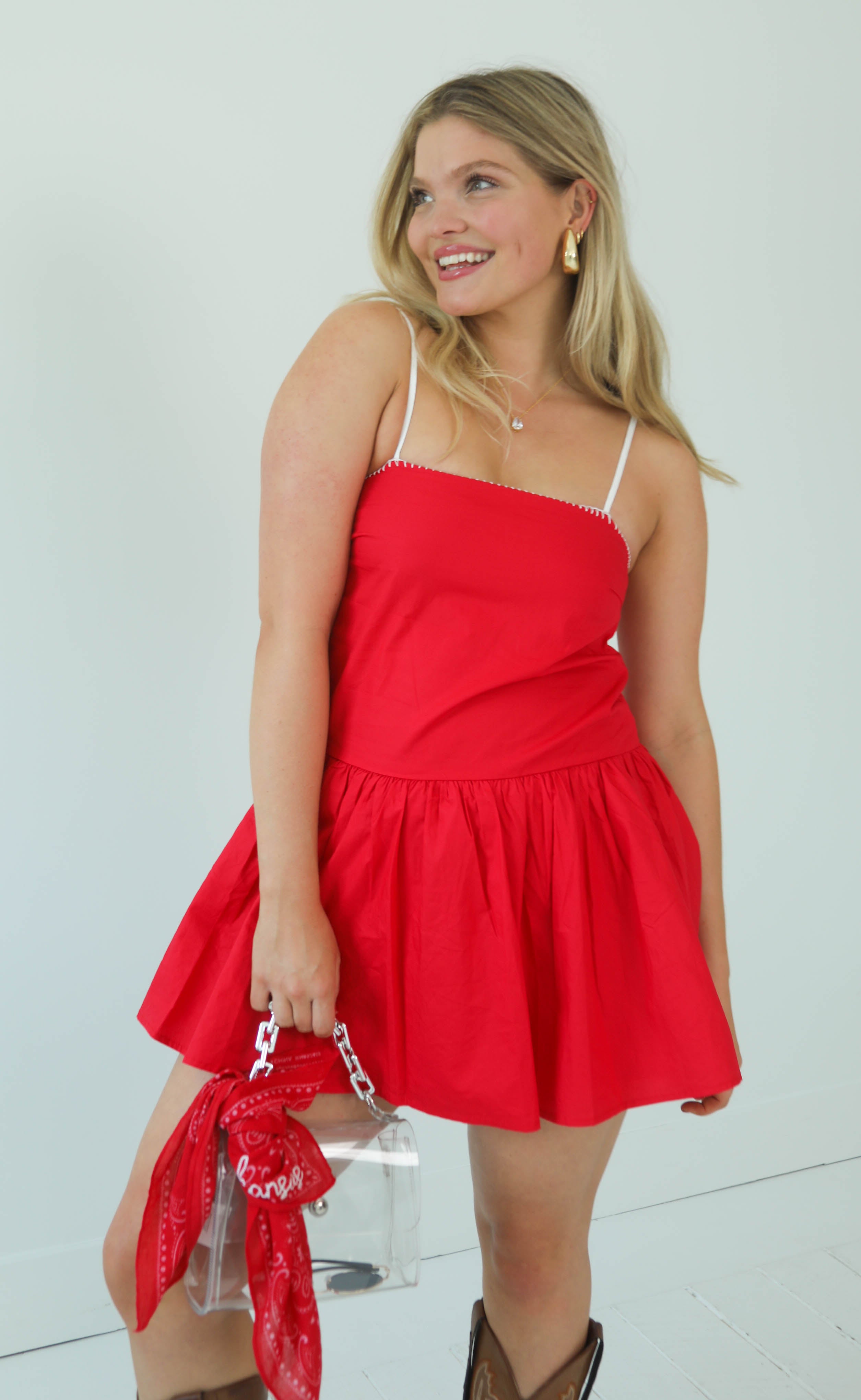 red poplin mini dress Red Poplin Mini Dress with Eyelet Lace Hem Red / Medium