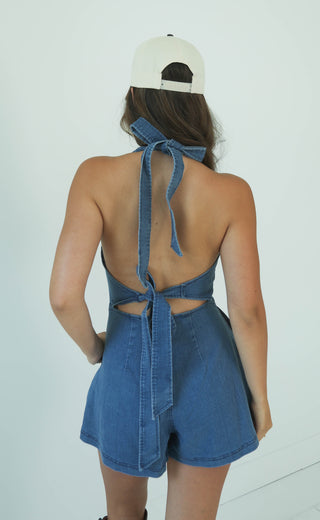 summer breeze halter neck denim romper