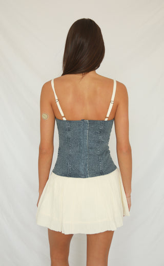 show me your mumu: tiffany skort dress - denim with cream voile