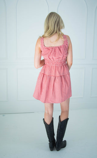 social hour gingham cinched mini dress