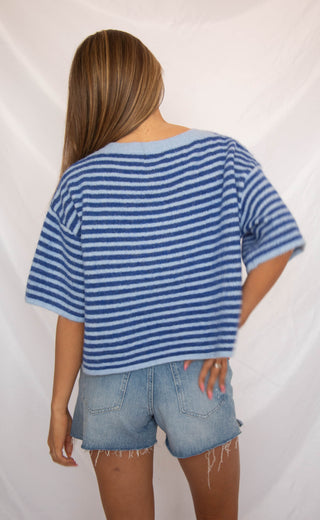 can't be without striped short sleeve cardigan - blue