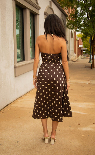dining in dots polka dot halter midi dress