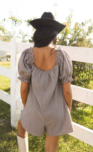 check please puff sleeve gingham romper - brown