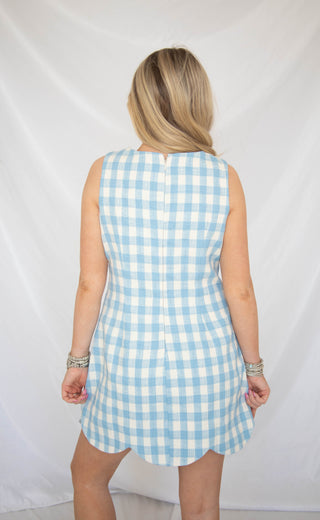 heritage gingham scallop hem mini dress - blue