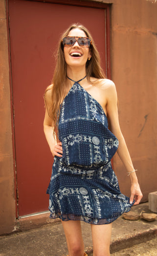 midnight paisley halter mini dress