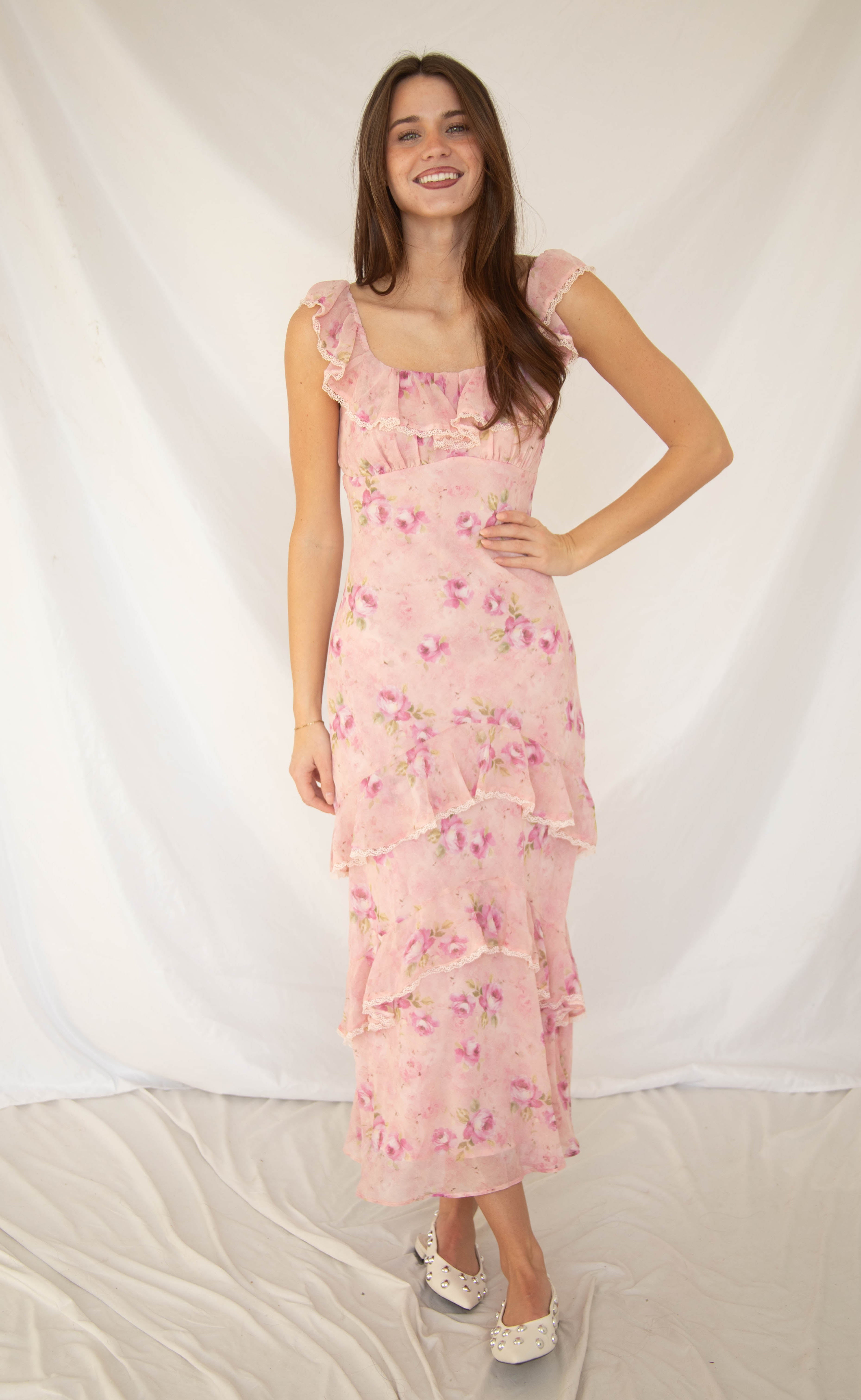 astr pink dress ASTR the Label - Janna Floral Plunge Midi Dress