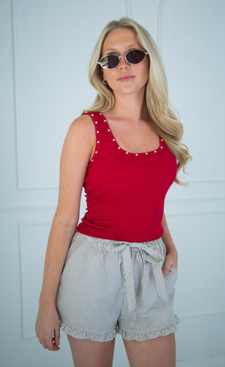 point made studded ribbed tank - red
