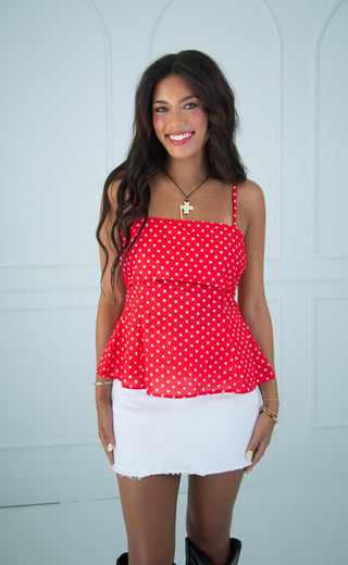 go for a ride polka dot peplum top