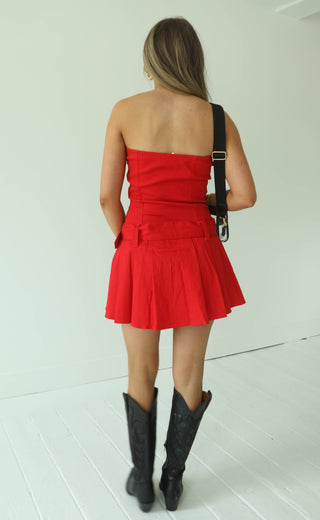 buckle up babe strapless mini dress