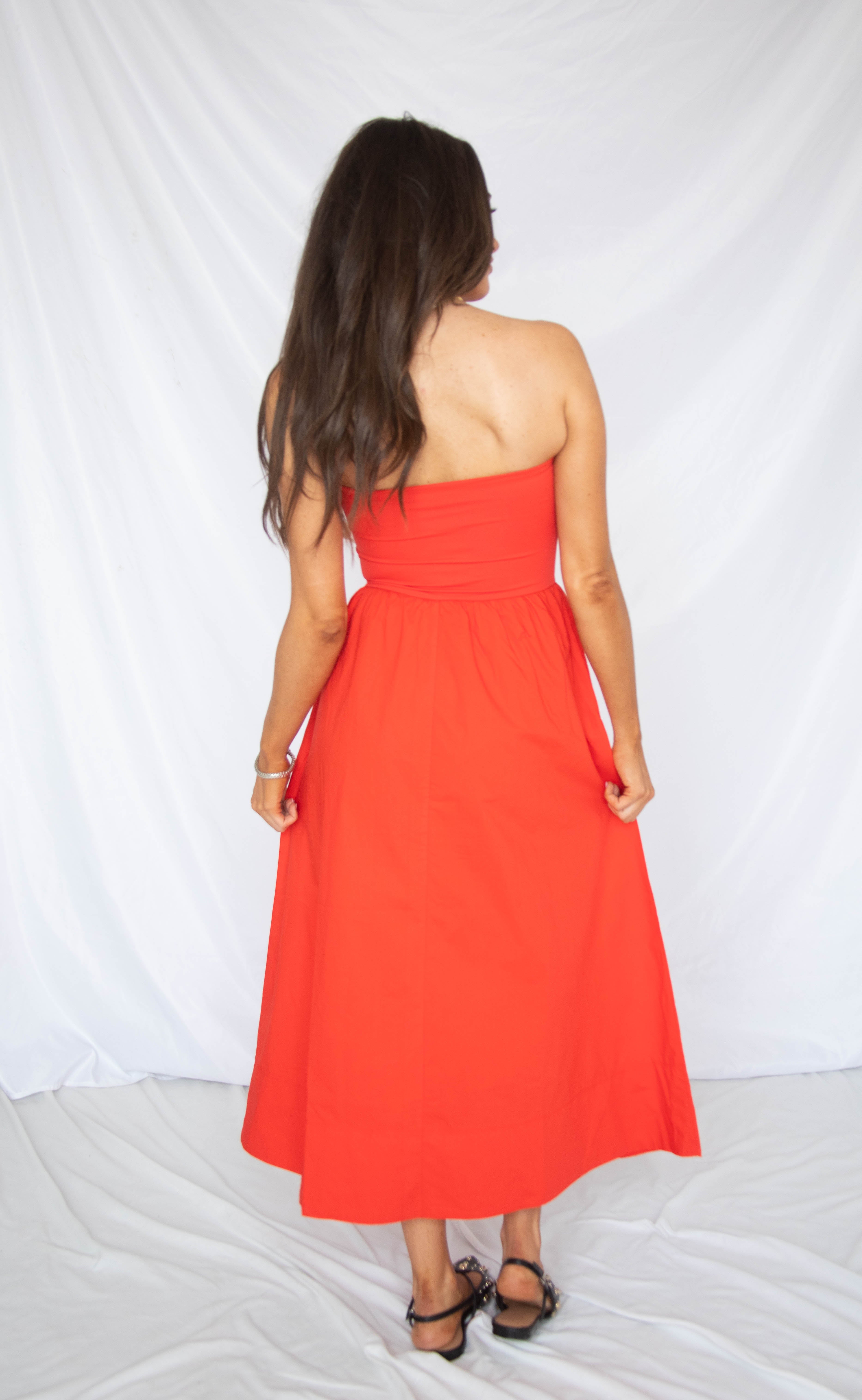orange strapless midi dress Fortunate One