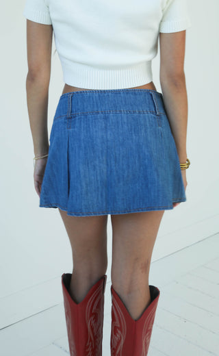 change my faith denim mini skort