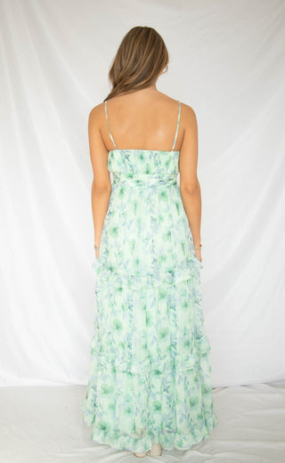 astr green floral dress ASTR the Label | Mable Floral Tiered Ruffle Maxi Dress in Lilac Green Floral