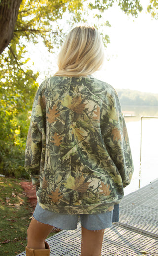 friday + saturday: keep moving forward camo sweatshirt