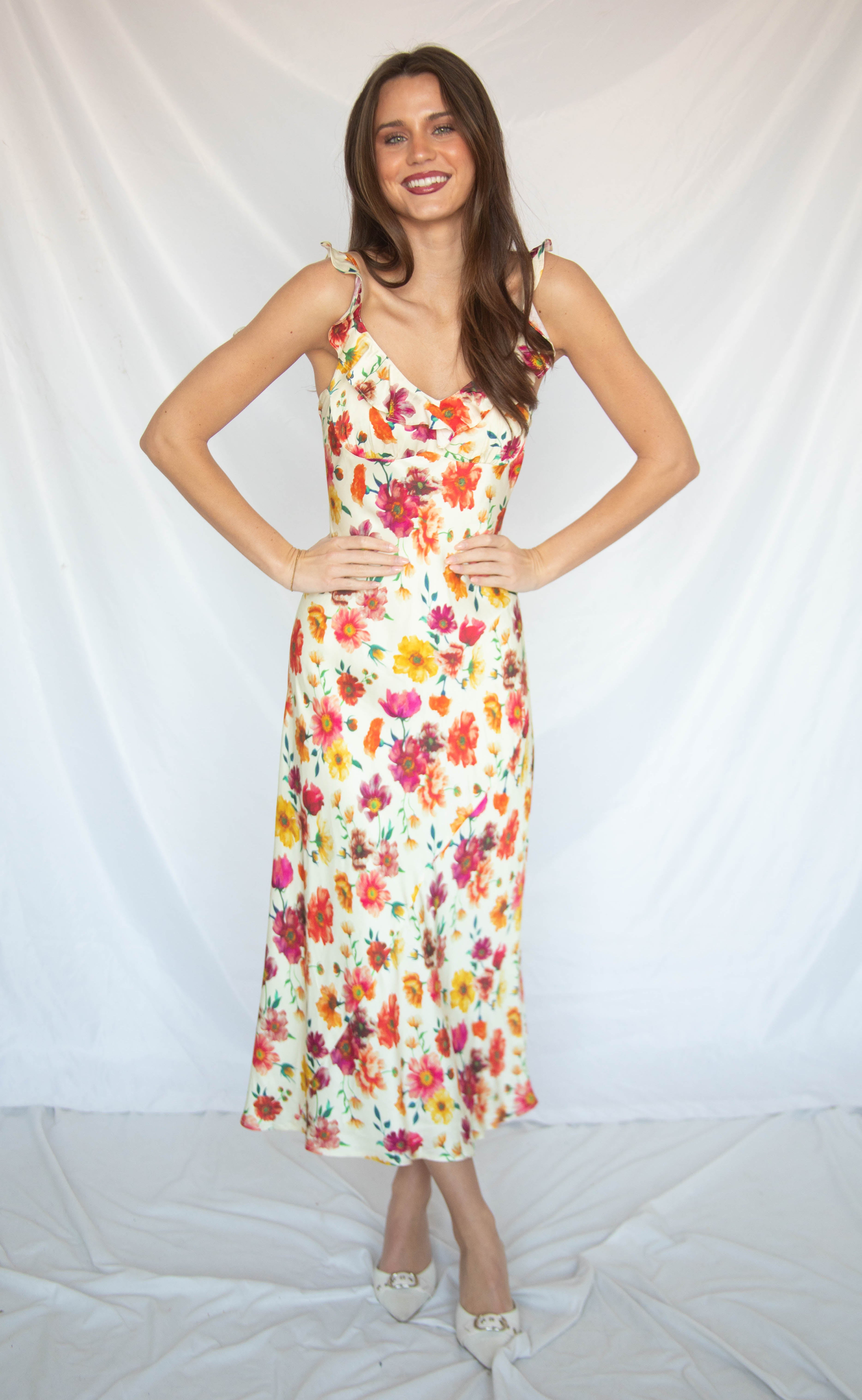 Astr The Label / Zoie Floral Satin Ruffle Dress / Medium Astr The Label / Zoie Floral Satin Ruffle Dress / Medium