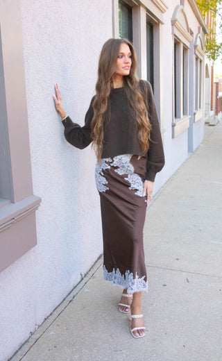 we'll be far lace satin midi skirt