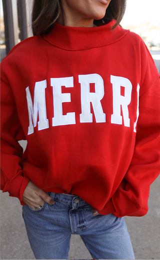 merry embroidered mock neck sweatshirt - red