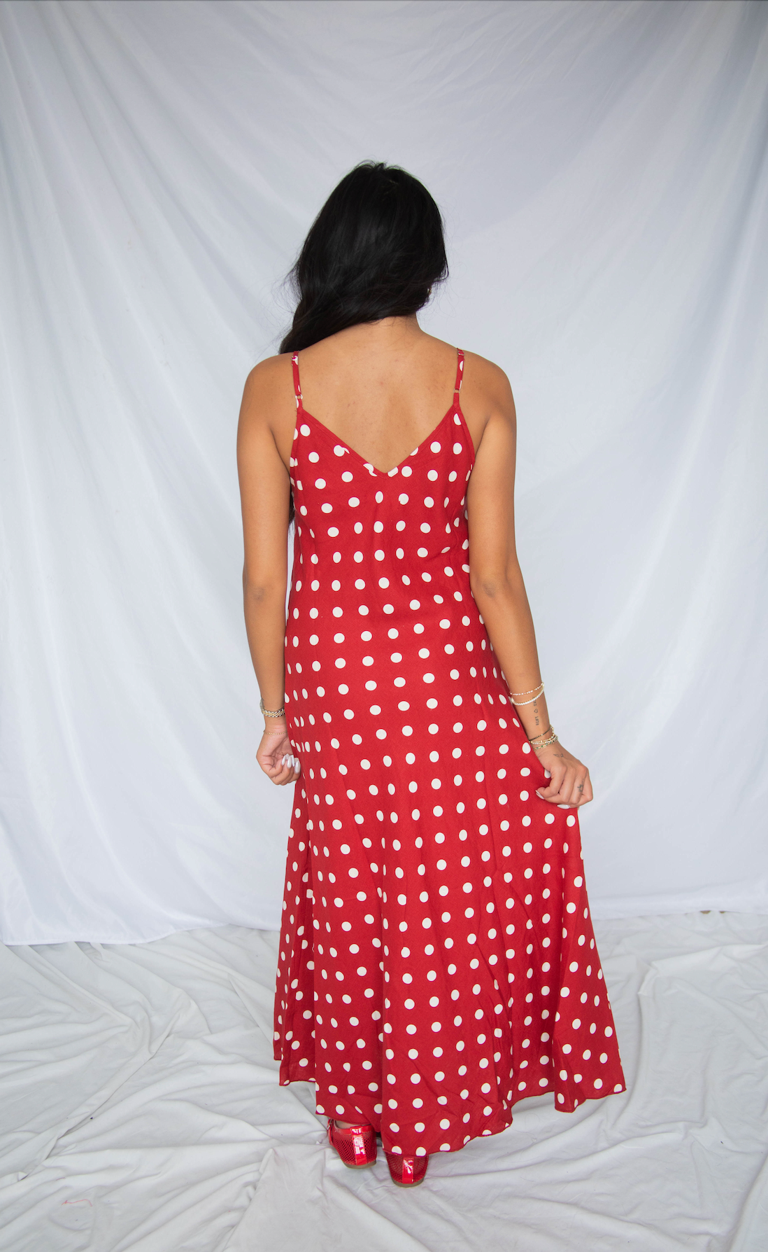 red polka dot maxi dress Judy Featuring a bold red polka dot print Red Polka Dot Squared Neck