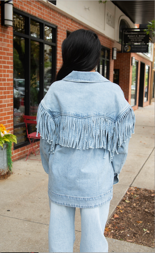 show me your mumu: ojai fringe jacket - jet stream blue