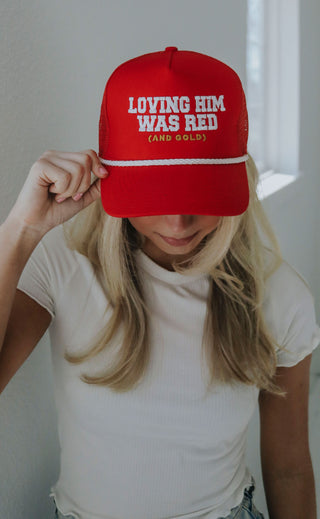 red and gold trucker