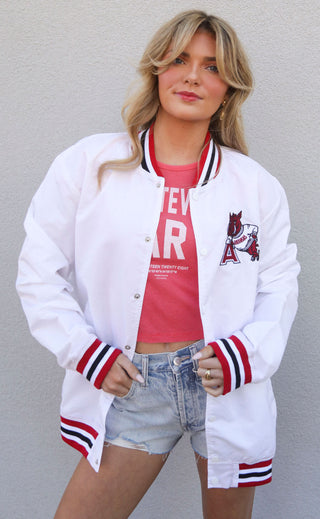 arkansas leaning hog varsity jacket - white