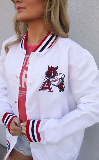 arkansas leaning hog varsity jacket - white