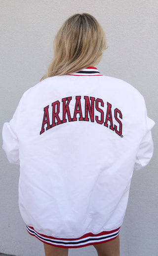 arkansas leaning hog varsity jacket - white