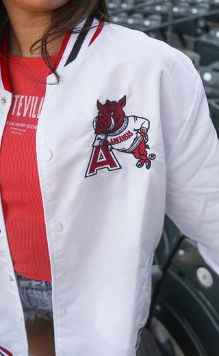 arkansas leaning hog varsity jacket - white