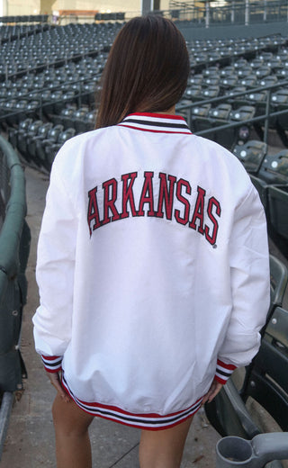 arkansas leaning hog varsity jacket - white