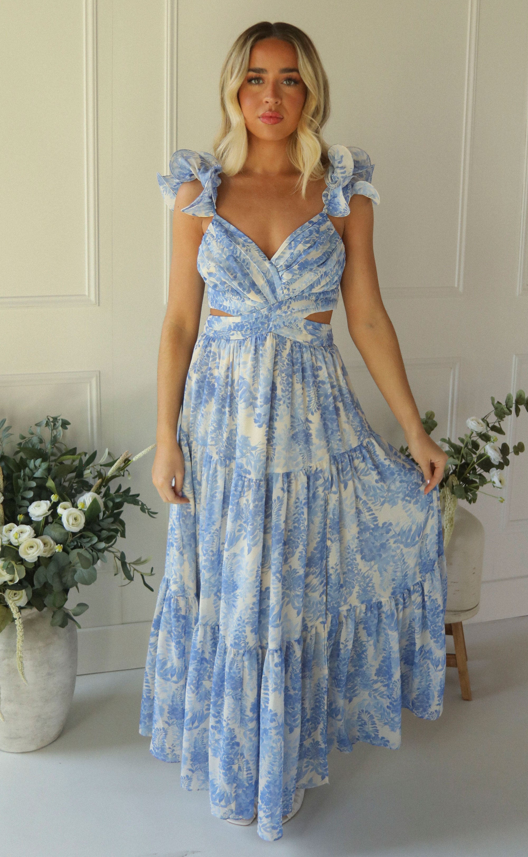 Astr Dresses For Women ASTR The Label Women's Light Blue Floral Tiered Maxi Dress With Flutter Straps ASTR The Label Maxi Dress Astr Dresses For Women ASTR The Label Women's Light Blue Floral Tiered Maxi Dress With Flutter Straps ASTR The Label Maxi Dress