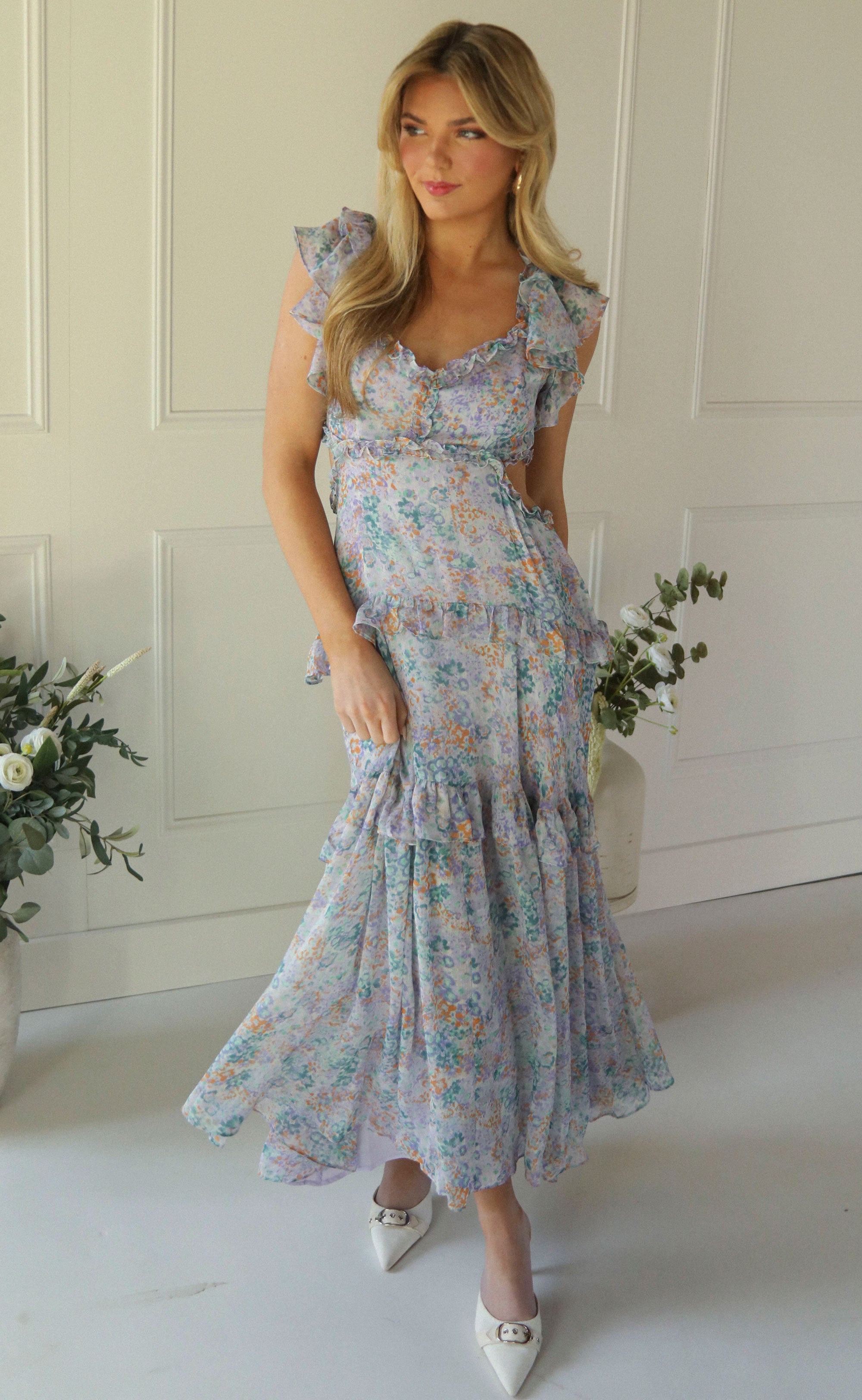 Astr The Label | Mable Floral Tiered Ruffle Maxi Dress in Lilac Green Floral | Size L Astr The Label | Mable Floral Tiered Ruffle Maxi Dress in Lilac Green Floral | Size L