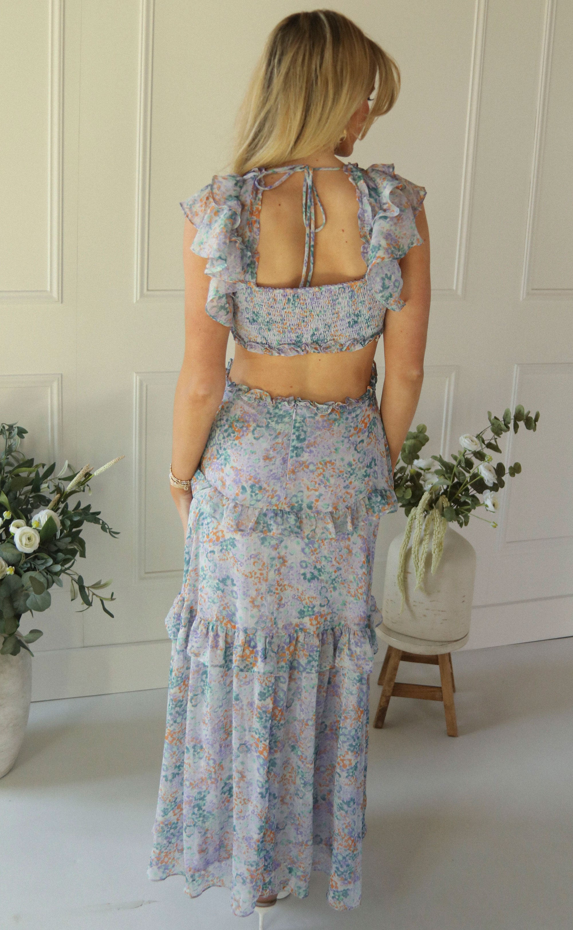 ASTR the Label | Mable Floral Tiered Ruffle Maxi Dress in Lilac Green Floral | Size L ASTR the Label | Mable Floral Tiered Ruffle Maxi Dress in Lilac Green Floral | Size L