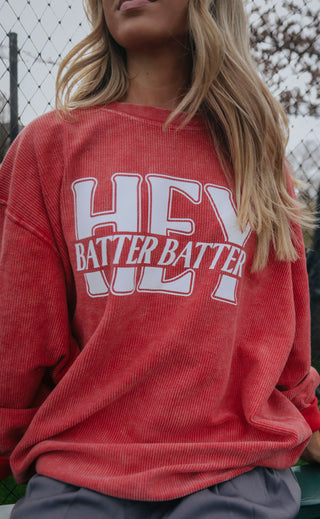 charlie southern: hey batter batter corded sweatshirt - red
