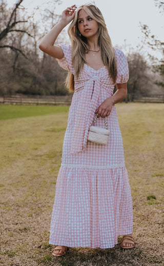 beyond the fields plaid maxi dress - taupe