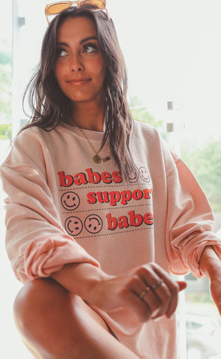 friday + saturday: babes support babes corded sweatshirt - pink smiley