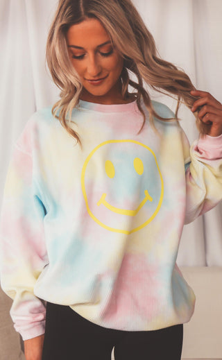 friday + saturday: smiley face corded sweatshirt - tie dye