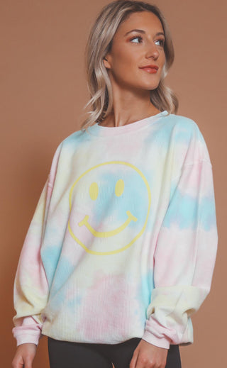 friday + saturday: smiley face corded sweatshirt - tie dye