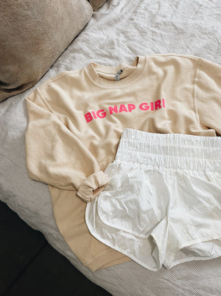 friday + saturday: big nap girl corded sweatshirt - hot pink/beige