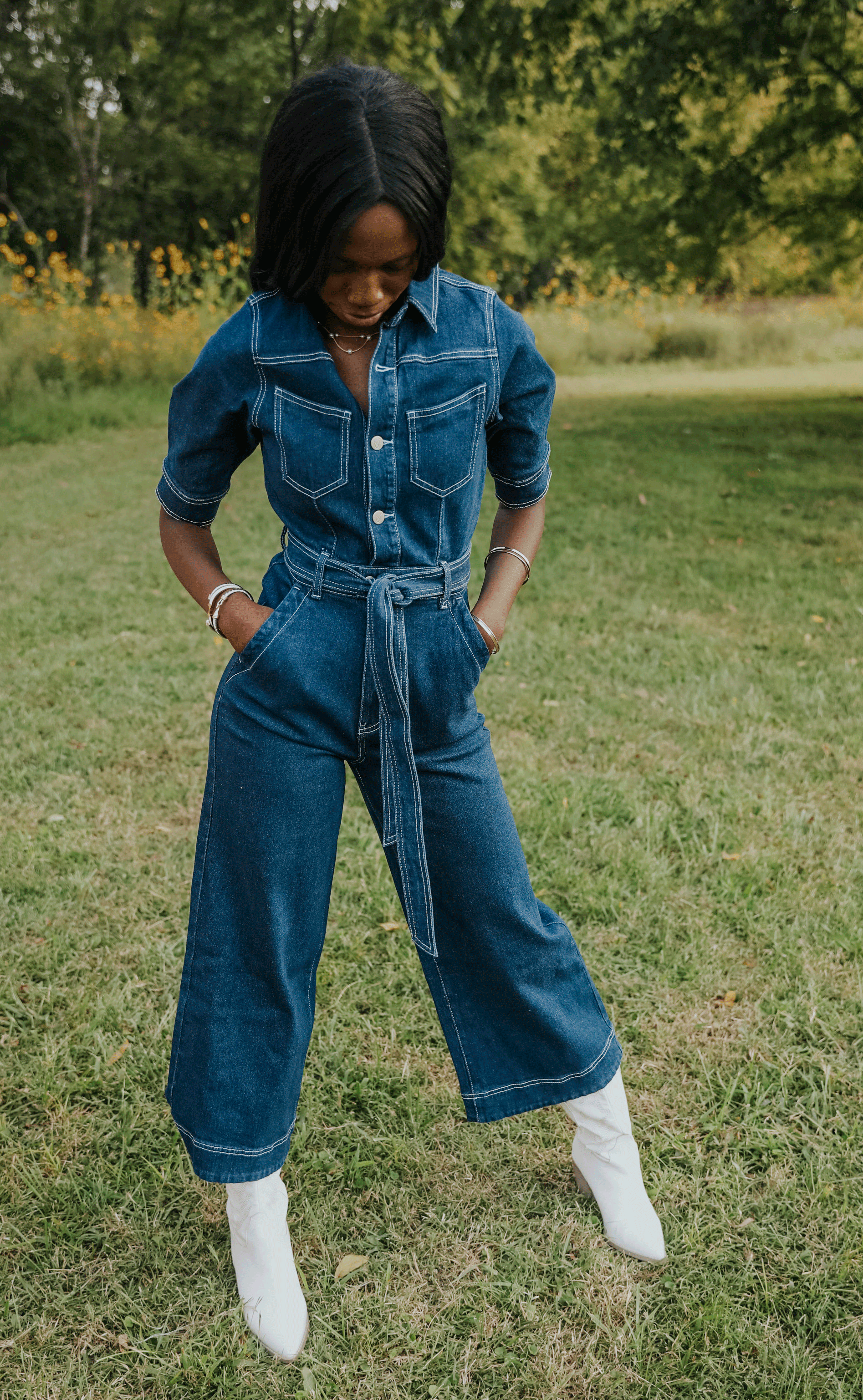 Denim Jumpsuit Styled 5 Ways - 4 Hats and Frugal